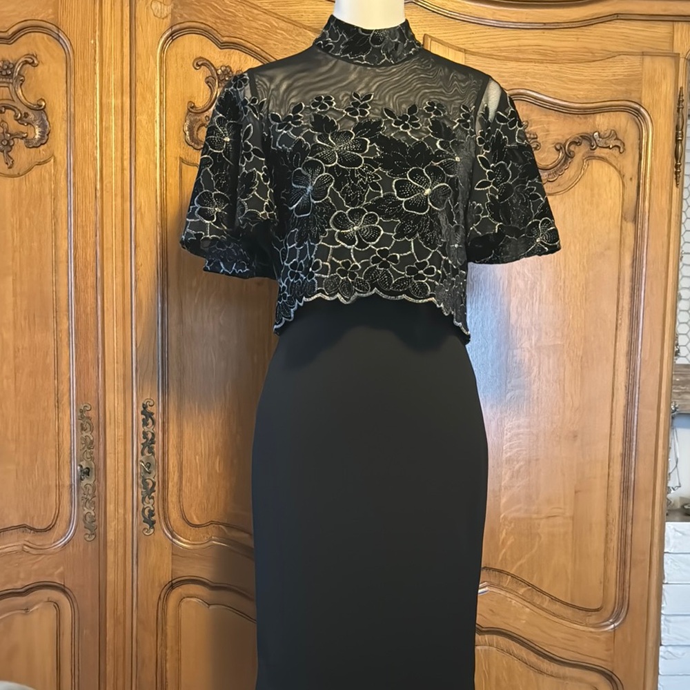Badley mischka Black Lace velvet Overlay Dress